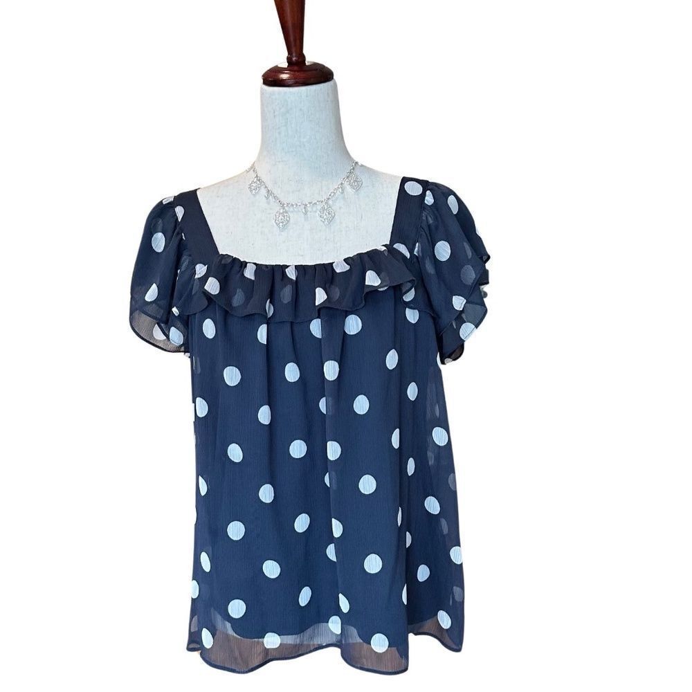 Lauren Conrad Polka Dot Top-Blouse Sheer Lined Navy Blue & White Small
